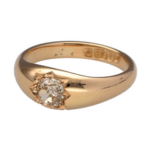 Load image into Gallery viewer, Preowned 18ct Yellow/Rose Gold &amp; Old Cut Diamond Starburst Set Vintage Solitaire Ring in size M with the weight 5 grams. The front of the ring is 8mm high and the diamond is approximately 0.50ct
