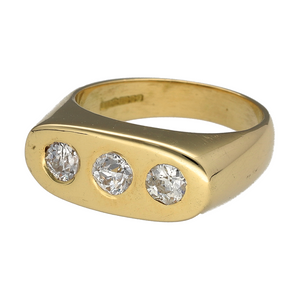 Make a bold statement with this striking preowned 18ct yellow gold & diamond set trilogy signet ring, featuring:

Design: A sophisticated signet style, enhanced by a classic trilogy of dazzling diamonds, symbolising past, present, and future.

Material: Crafted from 18-carat yellow gold, offering a rich and timeless finish.

Size & Weight: Size O, with a substantial weight of 13.50 grams for a luxurious feel.

Front Dimensions: The front of the band measures 8mm wide, providing a strong yet elegant presence