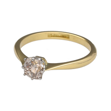 Load image into Gallery viewer, Embrace vintage sophistication with this exquisite preowned 18ct gold &amp; platinum diamond set solitaire ring, featuring:

Design: A timeless solitaire setting with vintage-inspired detailing, showcasing a brilliant diamond for classic elegance.

Material: Expertly crafted from 18-carat gold &amp; platinum, blending rich warmth with exceptional durability.

Size &amp; Weight: Size Q, with a comfortable weight of 3 grams.

