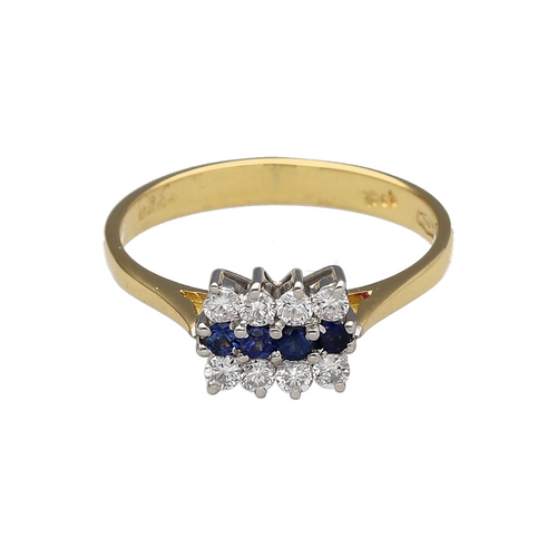 18ct Gold Diamond & Sapphire Set Three Row Cluster Ring