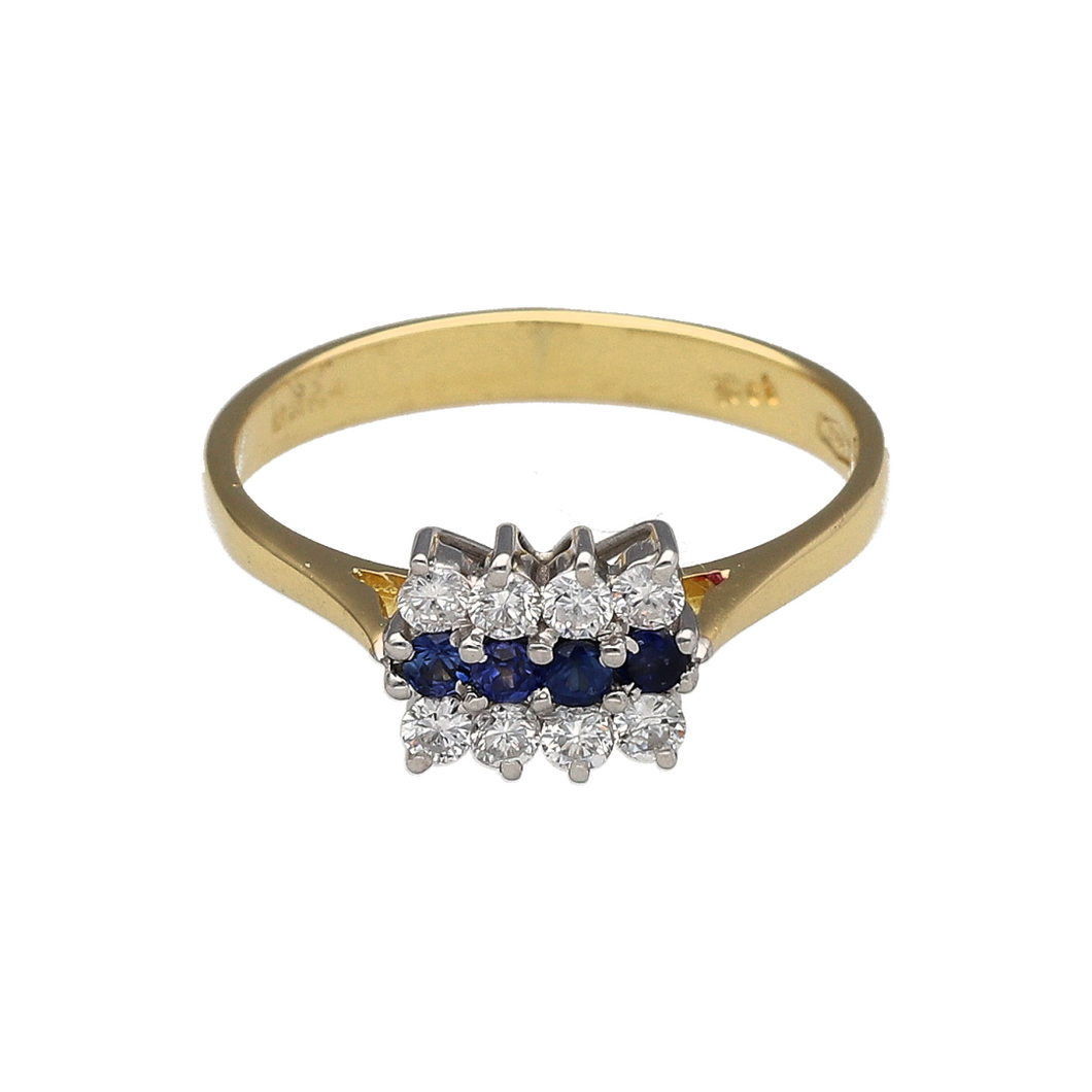 18ct Gold Diamond & Sapphire Set Three Row Cluster Ring