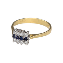 Load image into Gallery viewer, Add a touch of elegance to your jewellery collection with this pre-owned 18ct yellow gold diamond &amp; sapphire set three-row cluster ring, featuring:

Design: A sophisticated three-row cluster ring, showcasing a stunning arrangement of sapphires and diamonds for a timeless look.
Material: 18-carat yellow gold, with the stones set in white gold, enhancing their brilliance.
Gemstones: A beautiful combination of sapphires and diamonds, creating a striking contrast.
