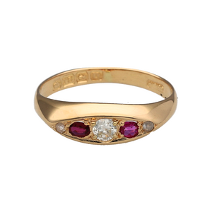 18ct Gold Diamond & Ruby Set Vintage Boat Style Ring