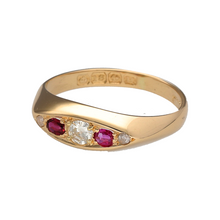 Load image into Gallery viewer, Add a touch of vintage charm to your jewellery collection with this pre-owned 18ct yellow gold diamond &amp; ruby set vintage boat style ring, featuring:

Design: A classic boat-style ring, set with rich rubies and sparkling diamonds for a timeless vintage look.
Material: 18-carat yellow gold, providing a warm and luxurious appeal.
Gemstones: Features approximately 2mm by 2.5mm ruby stones, complemented by dazzling diamond accents.
Size &amp; Weight: Designed in size O, with a well-balanced weight of 2.60 grams for
