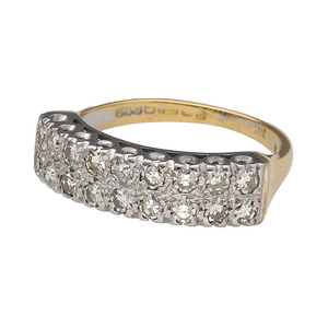 Add a touch of sophistication to your jewellery collection with this pre-owned 18ct yellow and white gold & diamond set double row band ring, featuring:

Design: A stylish double row band ring, set with sparkling diamonds for a refined and elegant look.
Material: 18-carat yellow and white gold, creating a beautiful two-tone contrast that enhances the brilliance of the diamonds.
Gemstones: Set with diamonds, adding exceptional sparkle and sophistication.
Size & Weight: Designed in size L, with a well-balance