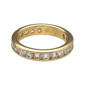 Preowned 18ct Yellow Gold & Diamond Set Full Eternity Band Ring in size K with the weight 3.70 grams. The band is 4mm wide and there is approximately 1.67ct of diamond content set in total. The ring is not suitable for sizing