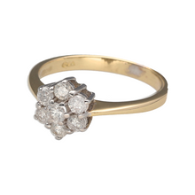 Load image into Gallery viewer, Preowned 9ct Yellow and White Gold &amp; Diamond Set Flower Cluster Ring in size O with the weight 2.50 grams. There is approximately 0.47ct of diamond content set in total
