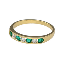 Load image into Gallery viewer, Preowned 18ct Yellow Gold Diamond &amp; Emerald Set Band Ring in size O with the weight 2.50 grams. The emerald stones are each approximately 2.5mm diameter
