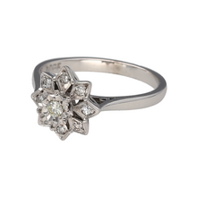 Load image into Gallery viewer, Preowned 18ct White Gold &amp; Diamond Set Vintage Style Flower Cluster Ring in size M with the weight 3.70 grams. The front of the ring is 12mm high
