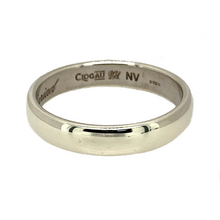 Load image into Gallery viewer, Preowned 9ct White Gold Clogau 4mm Wedding Band Ring in size R with the weight 4.30 grams. The band has &#39;Cariad&#39; engraved on the inside
