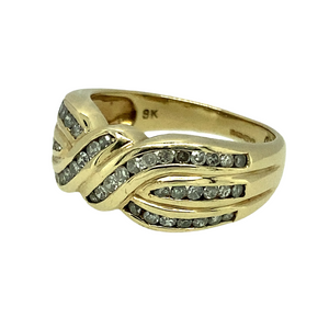 Preowned 9ct Yellow Gold & Diamond Crossover Band Ring in size L with the weight 4.50 grams. There is approximately 50pt of Diamonds set in the ring which is 8mm high at the front