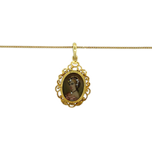 Load image into Gallery viewer, Preowned 18ct Yellow Gold Antique Diamanté Hand Painted Pendant on an 18&quot; curb chain with the weight 4.90 grams. The pendant is 3.5cm long including the bail
