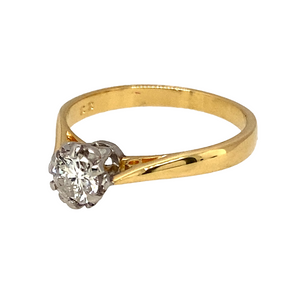 Preowned 18ct Yellow and White Gold & Diamond Set Solitaire Ring in size K with the weight 2.30 grams. The Diamond is approximately 33pt with approximate clarity Si1 and colour K - L