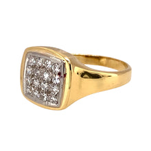 Load image into Gallery viewer, Preowned 18ct Yellow and White Gold &amp; Diamond Set Square Signet Ring in size M with the weight 6.30 grams. The front of the ring is 11mm high and contains approximately 25pt of Diamond content in total
