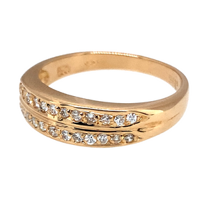 Preowned 18ct Yellow Gold & Diamond Double Row Band Ring in size O with the weight 3.70 grams. The band is 5mm wide at the front and the band contains approximately 24pt of Diamond content