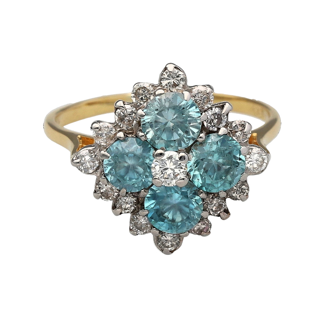 18ct Gold Diamond & Aquamarine Set Cluster Dress Ring