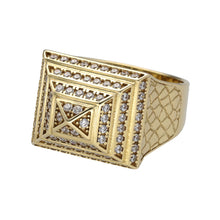 Load image into Gallery viewer, New 9ct Yellow Gold &amp; Cubic Zirconia Set Pyramid Signet Ring in size T with the weight 8.80 grams. The front of the ring is 16mm high
