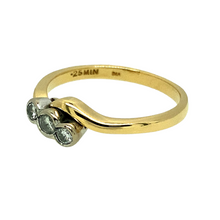 Load image into Gallery viewer, Preowned 18ct Yellow Gold &amp; Diamond Three Stone Twist Ring in size Q with the weight 4 grams. There is approximately 15pt of Diamonds set in the ring in total
