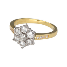 Load image into Gallery viewer, Preowned 18ct Yellow Gold &amp; Diamond Set Flower Cluster Ring in size K with the weight 3.70 grams. The ring has Diamond set shoulders and there are seven brilliant cut Diamonds in the cluster. There is approximately 56pt of Diamonds in total and each of the main stones are approximately 8pt each
