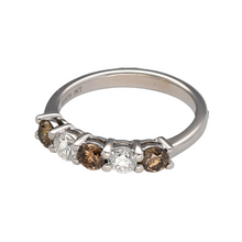 Load image into Gallery viewer, Preowned 18ct White Gold &amp; White and Cognac coloured Diamond Set Band Ring in size N with the weight 3.50 grams. There are two white Diamonds and three cognac coloured Diamonds at approximately 14pt for each stone. There is approximately 70pt of Diamonds set in the 2mm to 3mm band in total
