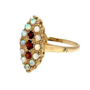 New 9ct Yellow Gold & Created Opal & Dark Red Stones Set Marquise Ring in size L with the weight 2.40 grams. The front of the ring is 18mm high and the center purple stone is 3mm diameter