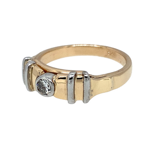 Preowned 9ct Yellow and White Gold & Diamond Rubover Set Ring in size M with the weight 4.90 grams. The Diamond is approximately 10pt and approximate clarity Si2