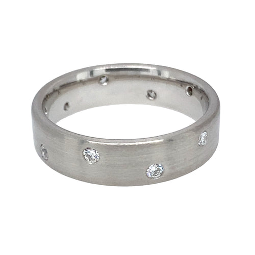 18ct White Gold & Diamond Set Brushed Finish Band Ring